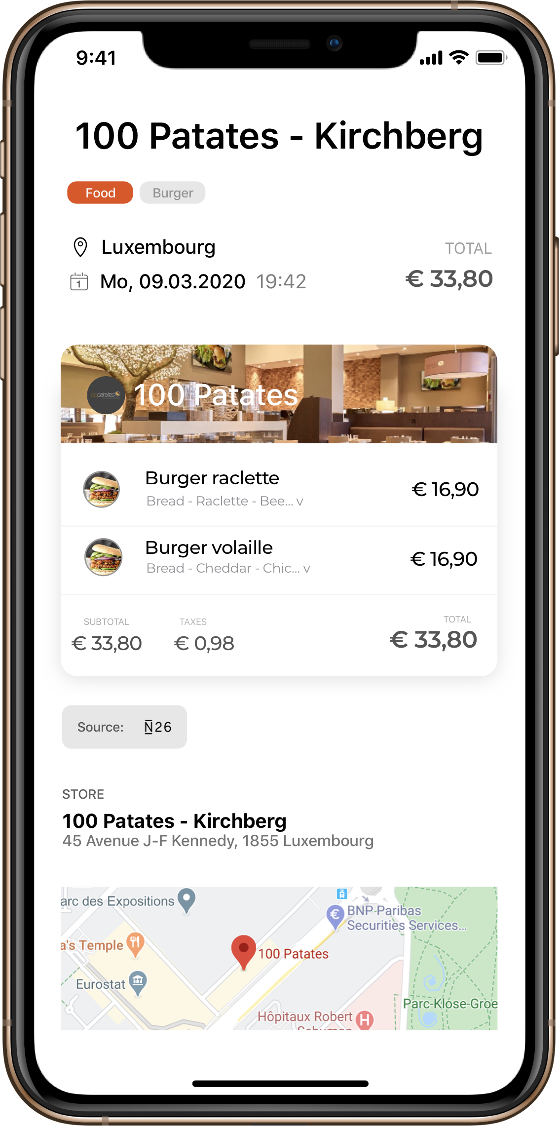 Ecran de l'app Tiquest Receipt sur un iPhone 11 pro